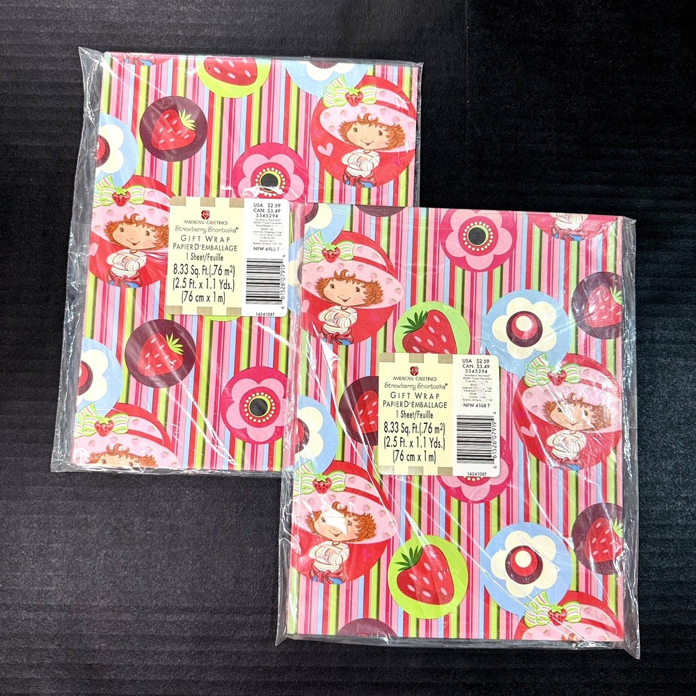 Vintage Y2K Strawberry Shortcake Gift Wrap Wrapping Paper Birthday Party Pink